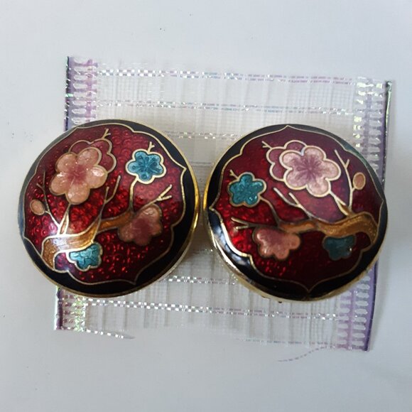 Vintage Floral Enamel Cloisonné Clip On Gold Tone Earrings - Picture 9 of 9